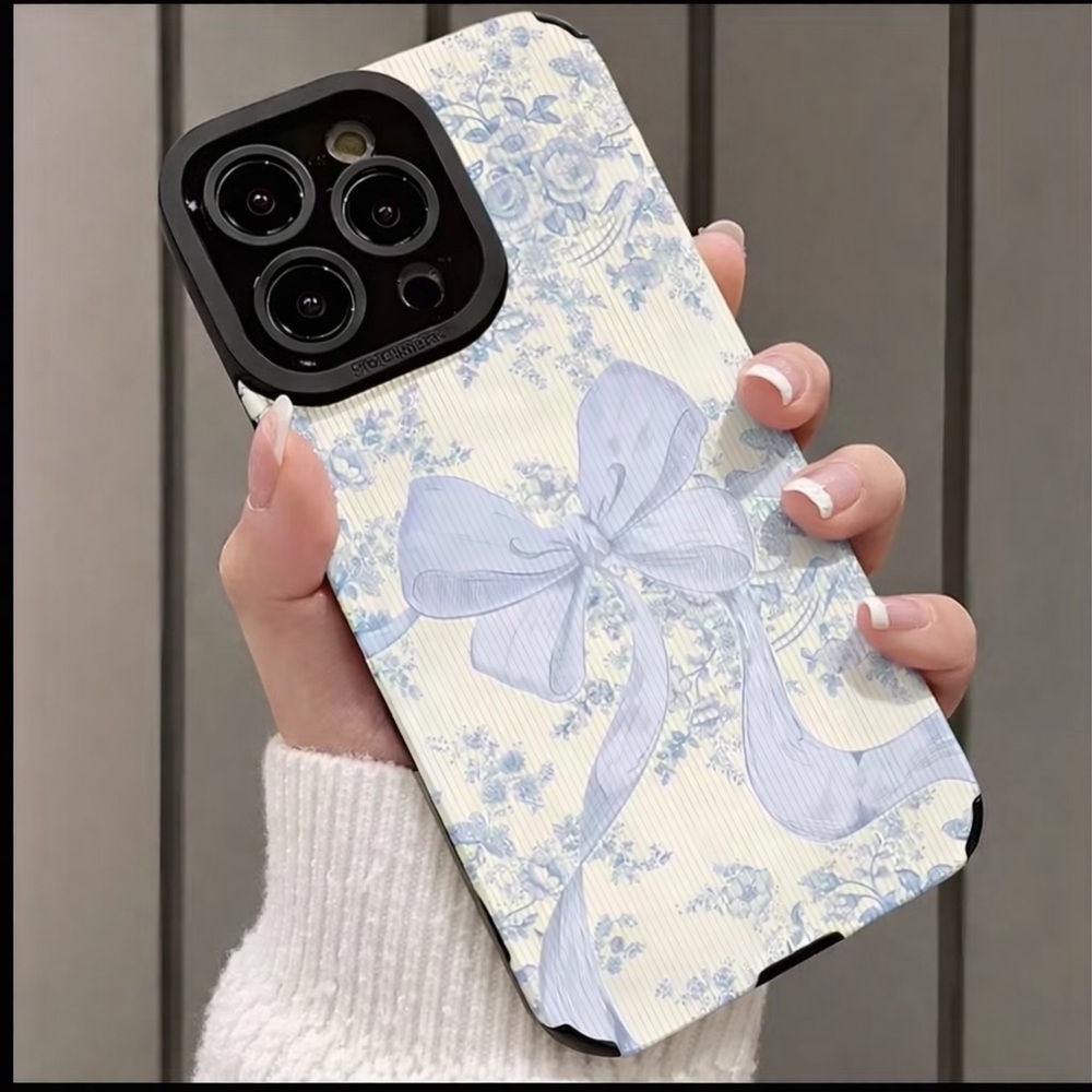 iPhone Phone Case Vertical Stripes PU Leather Texture Blue Floral Bow